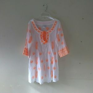 Trina Turk White and Orange Embroidered Blouse